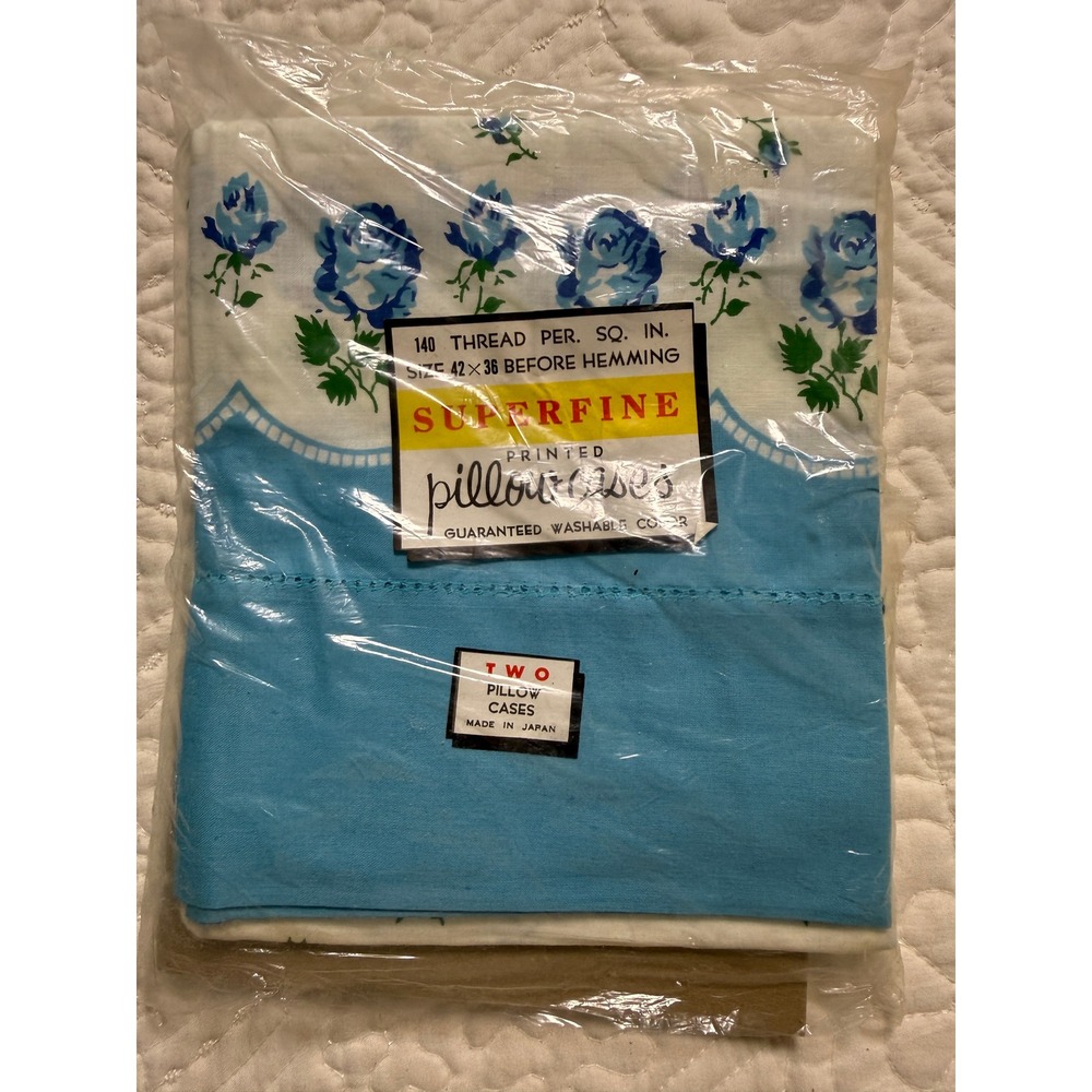 Superfine Pillowcases Vintage Set‎ of 2 Blue White Floral Rose Cotton Made Japan